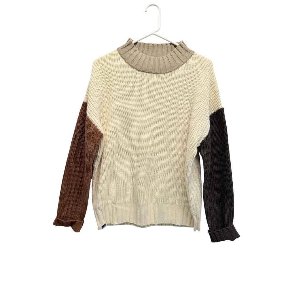KAVU Sweater Colorblock Chunky Knit Wool Blend Medium Cream Brown Womens